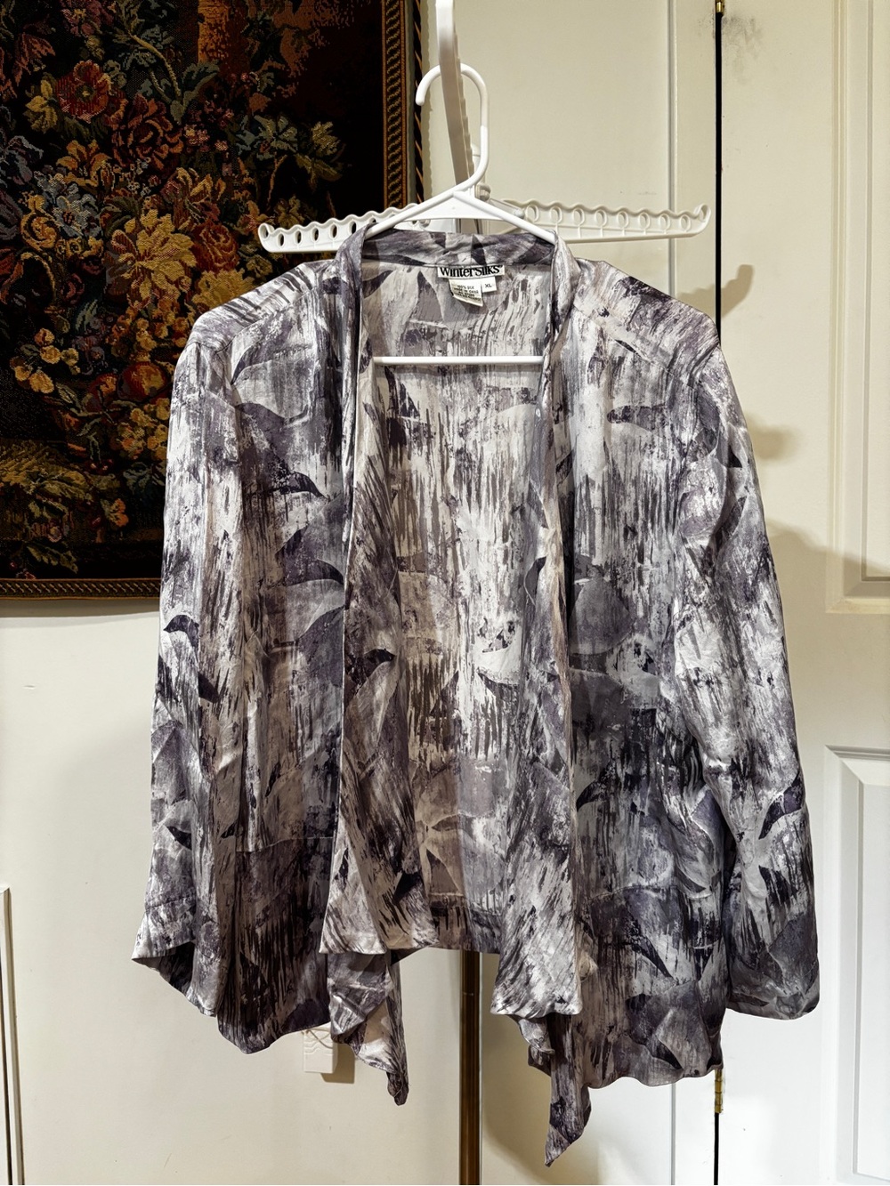 WinterSilks 100% Silk Abstract Floral Open Front Cardigan XL Draped
